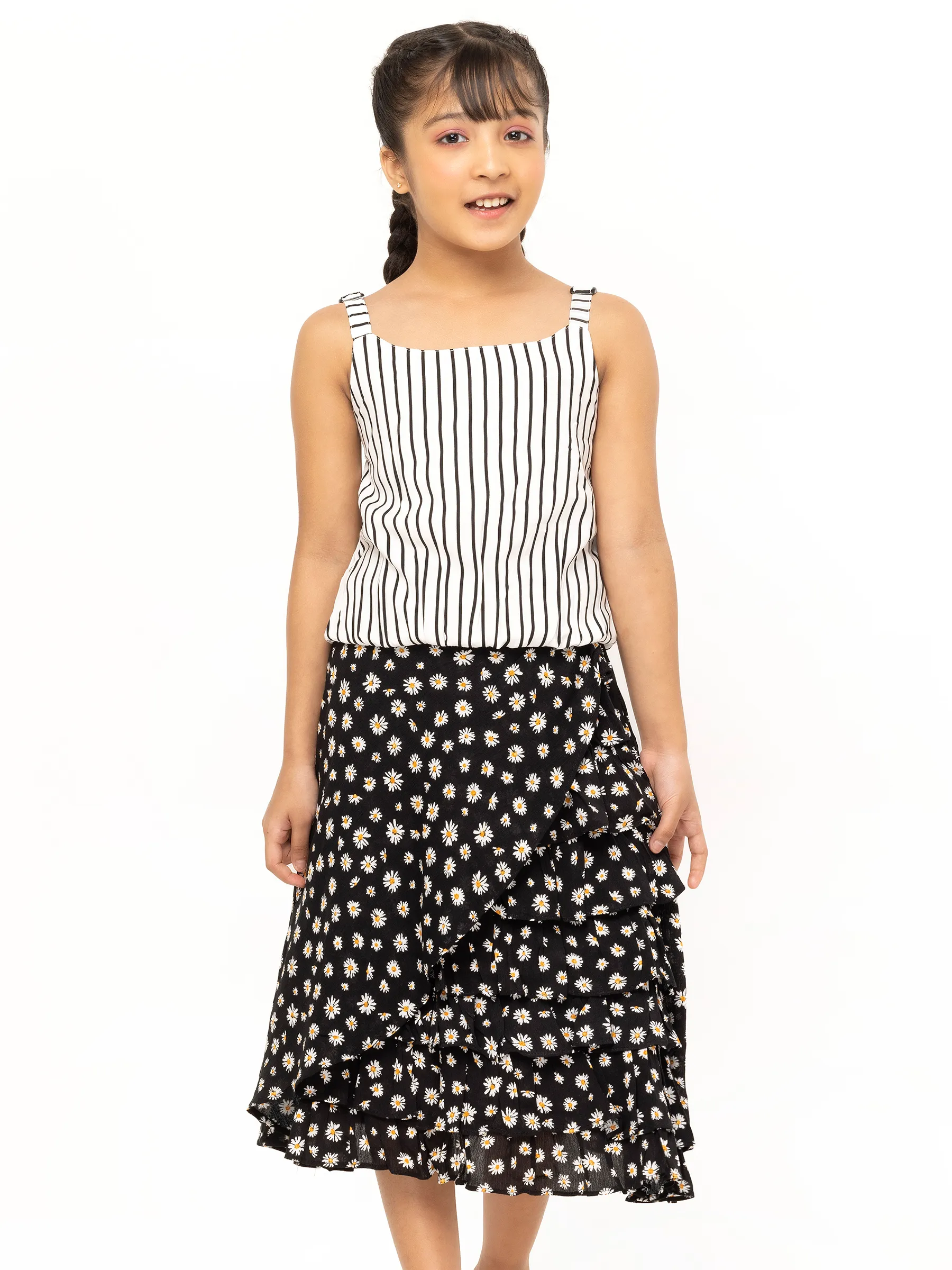 Black Striped and Printed linen Skirt Top Set